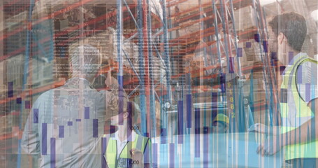 Image of data processing over caucasian senior supervisor and male worker working at warehouse