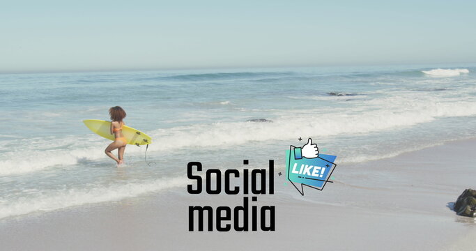 Image of social media over african american woman with surfing board walking on beach