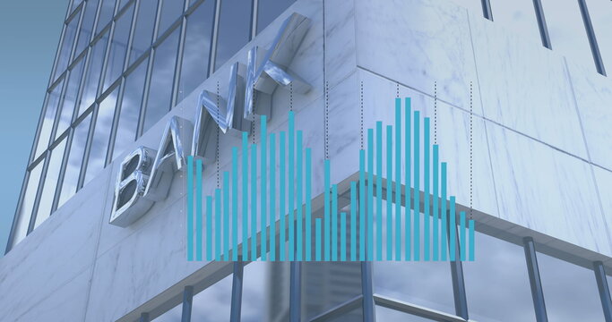 Image of financial graphs over bank building