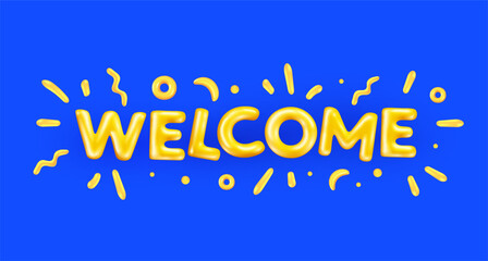 Vector greeting illustration of cartoon golden color word welcome with confetti. 3d style design of shine letter welcome on blue color background