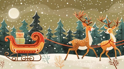 Whimsical holiday illustration featuring charming reindeer and sleigh