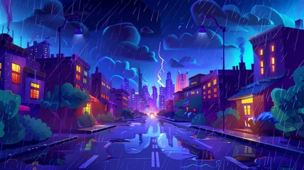 Tuinposter This is a cartoon cityscape with a storm with lightning and an empty street in the city. Modern parallax background for 2d animation. © Mark