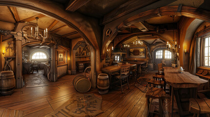 Wide panoramic view of fantasy medieval tavern 