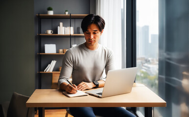 Focused Asian Man Writing Notes in Office Setting