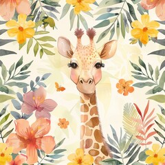 Adorable giraffe pattern with flowers and leaves on watercolor background