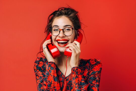 Portrait cheerful lady holding vintage red phone receiver hand classic gadget happiness
