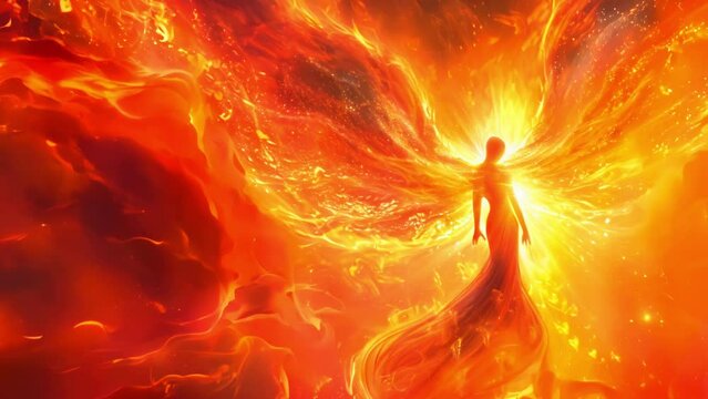 A woman in the form of a phoenix bird, a dynamic rebirth from a fiery nebula, symbolizing transformation and strength. Mental women's health, psychological health, spiritual practices