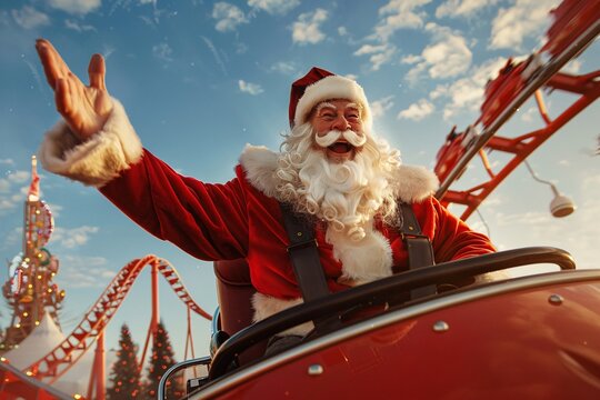 Photorealistic image featuring Father Christmas riding a roller coaster at a summer theme park, laughing joyfully