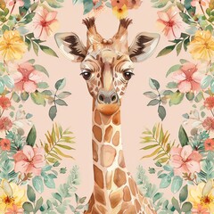 Adorable giraffe pattern with flowers and leaves on watercolor background