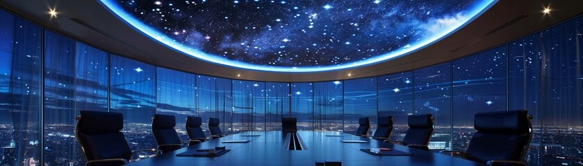 Office conference room with a star map ceiling, brainstorming session, creative and expansive