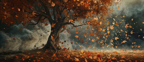 An eternal autumn, where falling leaves carry the weight of knowledge from the treea  s vast memory - obrazy, fototapety, plakaty