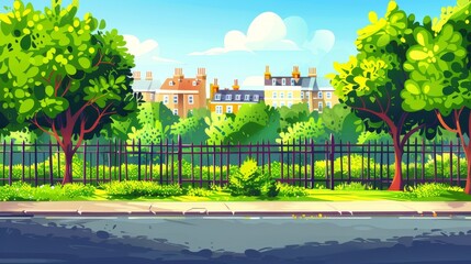 In the distance a city street with a park and buildings behind a fence. Modern illustration of a summer landscape with a road, sidewalk, green bushes, trees, and houses on the horizon.