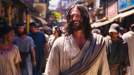 Jesus walks through a bustling downtown area, observing the diversity and energy of city life, offering smiles and blessings to everyone he encounters along the way
