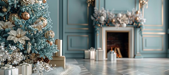 Festive christmas tree with golden ornaments and gifts on floor in light blue setting