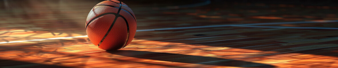 Close-up of a basketball on the polished hardwood court, with the spotlight highlighting its texture and details