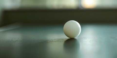 Macro of a ping pong ball on the table, with a sharp focus on its glossy surface and the surrounding blur