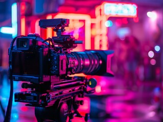 Professional video cameras gear up for a night shoot in neon lights