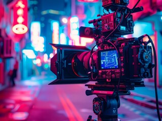 Professional video cameras gear up for a night shoot in neon lights