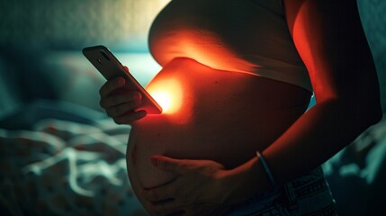 Pregnant woman checking her smartphone in a bright ambiance in a bedroom 02