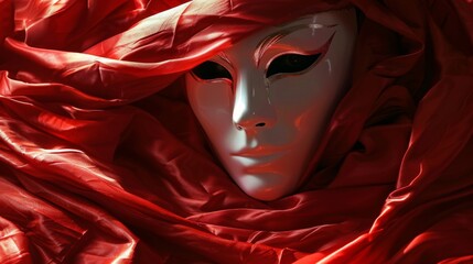 Silk red cape flowing behind a gleaming white drama mask in a shadowy theater ambiance