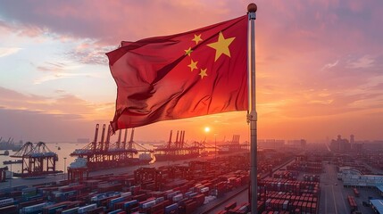 China Flag Over Bustling Port