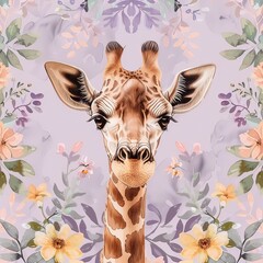 Adorable giraffe pattern with flowers and leaves on watercolor background