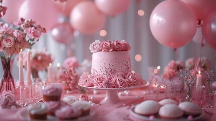 Obraz na płótnie Canvas Soft pink birthday setting with glittering accents