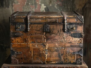 A trunk solid with the annals of time, bearing the scars and inscriptions of historys march - obrazy, fototapety, plakaty