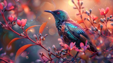 Exotic bird with iridescent feathers gazes amid vivid flora
