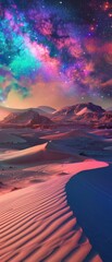An alien landscape where the sand sparkles in a spectrum of colors, shifting with the wind - obrazy, fototapety, plakaty