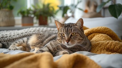 Domestic Cat Relaxing on a Cozy Bed with Knitted Blankets
