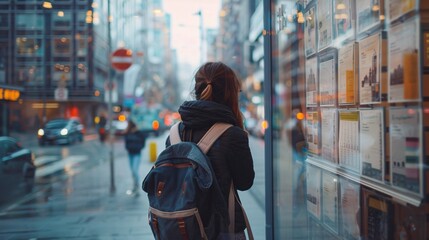 Downtown perspective: A woman perusing property listings showcased in a real estate agency window