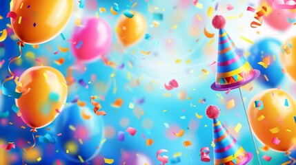 The Happy Party Banner is a large banner with birthday hats, balloons, and confetti on a defocused background that blends well with any décor. An anniversary celebration backdrop with festive items - obrazy, fototapety, plakaty