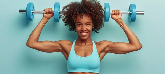 Enthusiastic woman in sports bra promoting fitness and healthy lifestyle on pastel background
