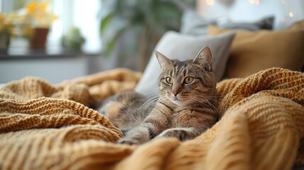 Tabby Cat Lounging on a Knitted Blanket - obrazy, fototapety, plakaty