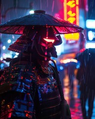 Neon Samurai vigil in Tokyo rain, redblue hues illuminate armor, future meets past - obrazy, fototapety, plakaty