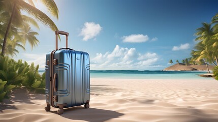 Travel luggage blue suitcase on summer background	
 - obrazy, fototapety, plakaty