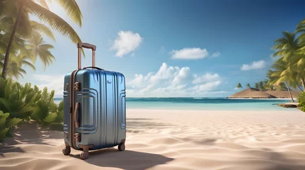 Foto op Canvas Travel luggage blue suitcase on summer background   © Spyrydon