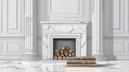 Hearth in stone frame with pilasters, mantelpiece, and firewood pile inside. Modern realistic illustration. White marble fireplace with pile of logs in empty living room interior. - obrazy, fototapety, plakaty