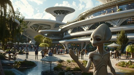 Cinematic scene of an amiable extraterrestrial waving goodbye to their family outside a futuristic school building, the morning sun casting a warm glow on the bustling courtyard - obrazy, fototapety, plakaty