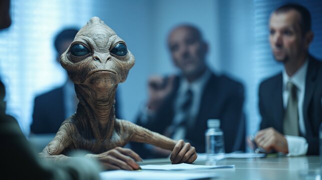 Cinematic image of a cheerful extraterrestrial leading a team meeting in a modern conference room, their leadership qualities shining as they guide colleagues through important discussions 03