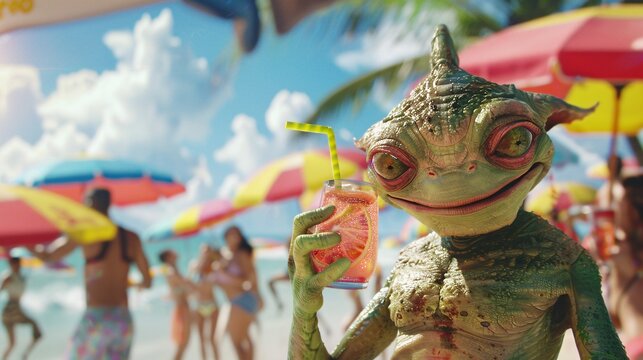 Cinematic image of a cheerful alien indulging in a fruity cocktail at a lively beach party, with colorful umbrellas and energetic dancers adding to the festive atmosphere