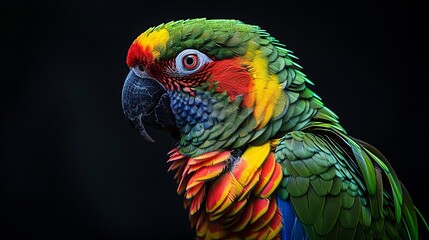 Lush details in a parrot's rainbow plumage against dark backdrop