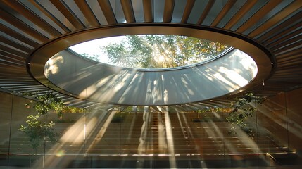 Sunlight filters through a metal fan inside a circular skylight