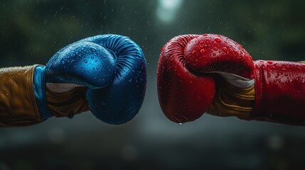 Close-up of Red and Blue Boxing Gloves Clash - obrazy, fototapety, plakaty