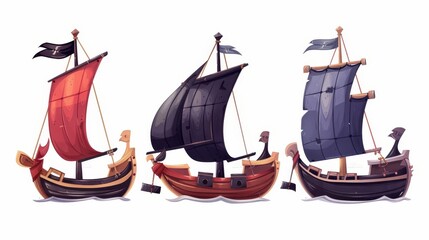 The old wooden ships have paddles, masts and folded sails. This modern cartoon set shows ancient galleons, caravels, sailboats with black, orange and red sails and rowboats isolated on white.