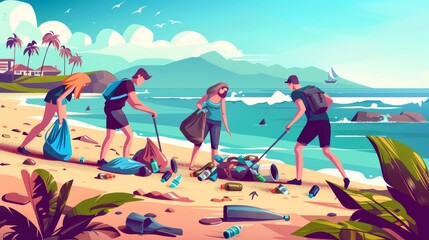 Beach trash collected by volunteers with bags and recycling bins. Ocean shore pollution with different garbage, environmental protection, modern illustration. - obrazy, fototapety, plakaty