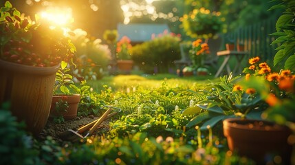 Evening light on a vibrant green yard with gardening activity - obrazy, fototapety, plakaty