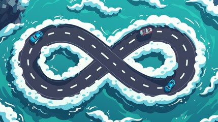 An infinity sign shaped road with a start and finish line over a sea water surface top view. Cartoon background for a game setting.