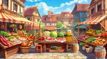 Various types of food sold in stalls with wooden counters including honey, vegetables, meat, fish, and cheese. Cartoon summer landscape with farms and their produce displayed on counters.